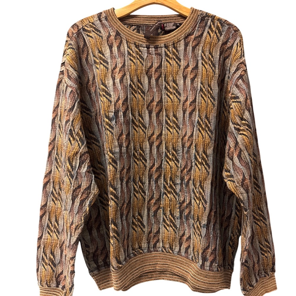 Jhane Barnes Mens Abstract Textured Knit Sweater Pullover‎ Brown Gray XL